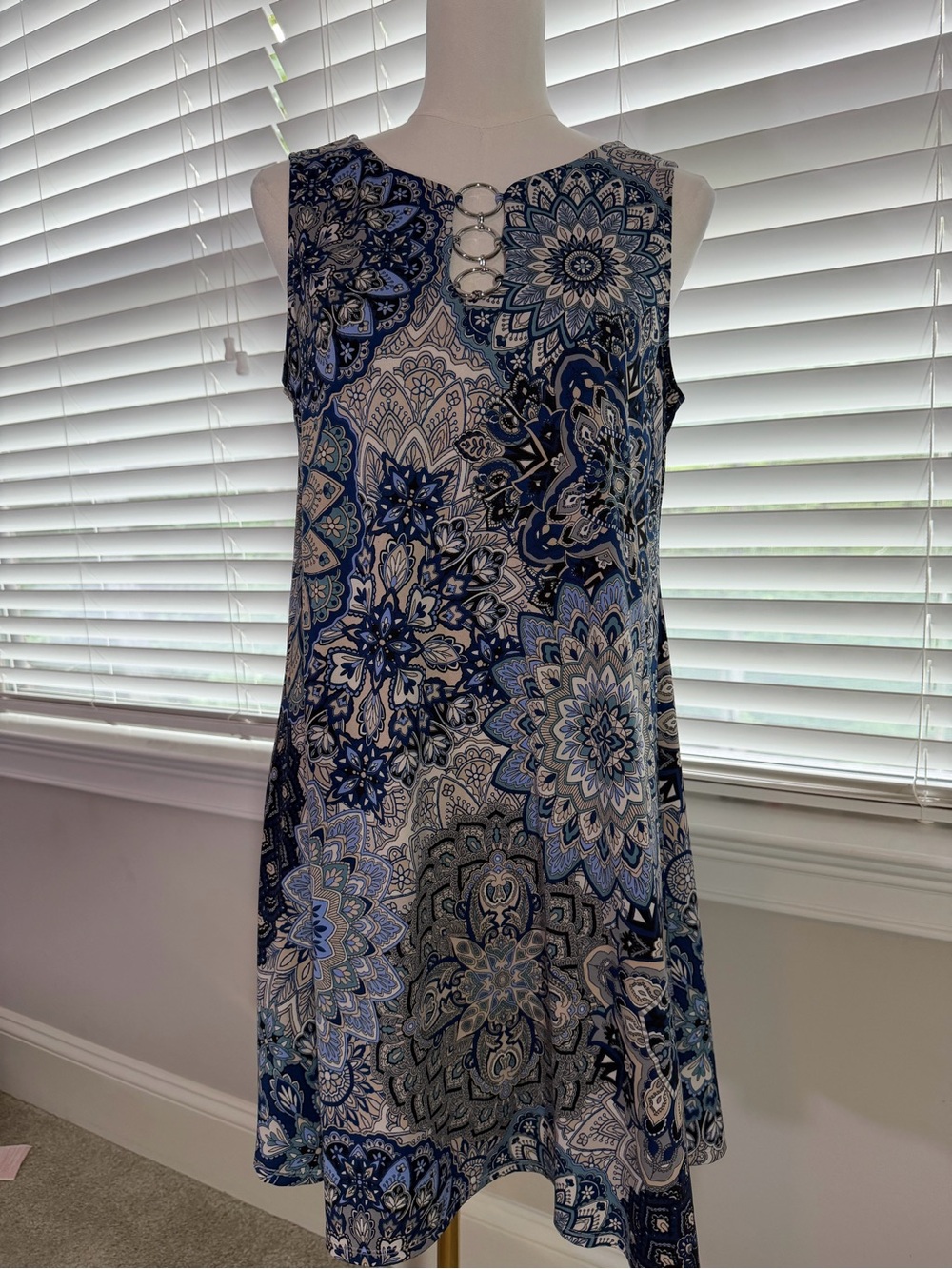 MSK Blue and White Sleeveless Midi Dress with Ring Detail